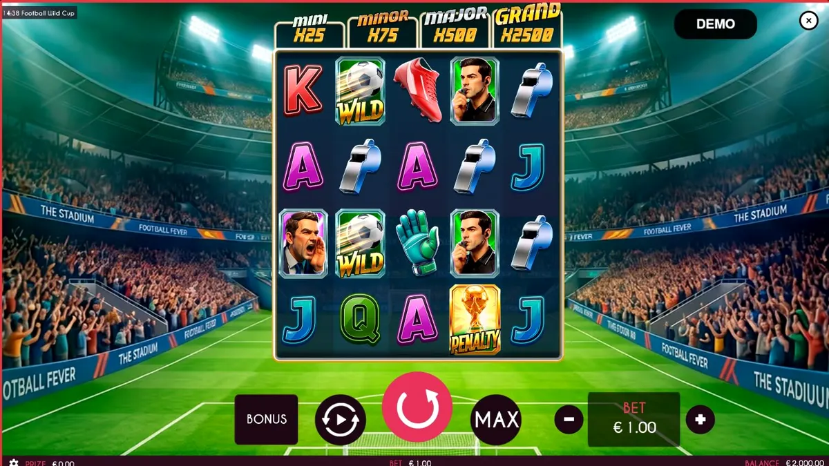 Tampilan visual slot Football Wild Cup dengan latar stadion dan elemen sepak bola.