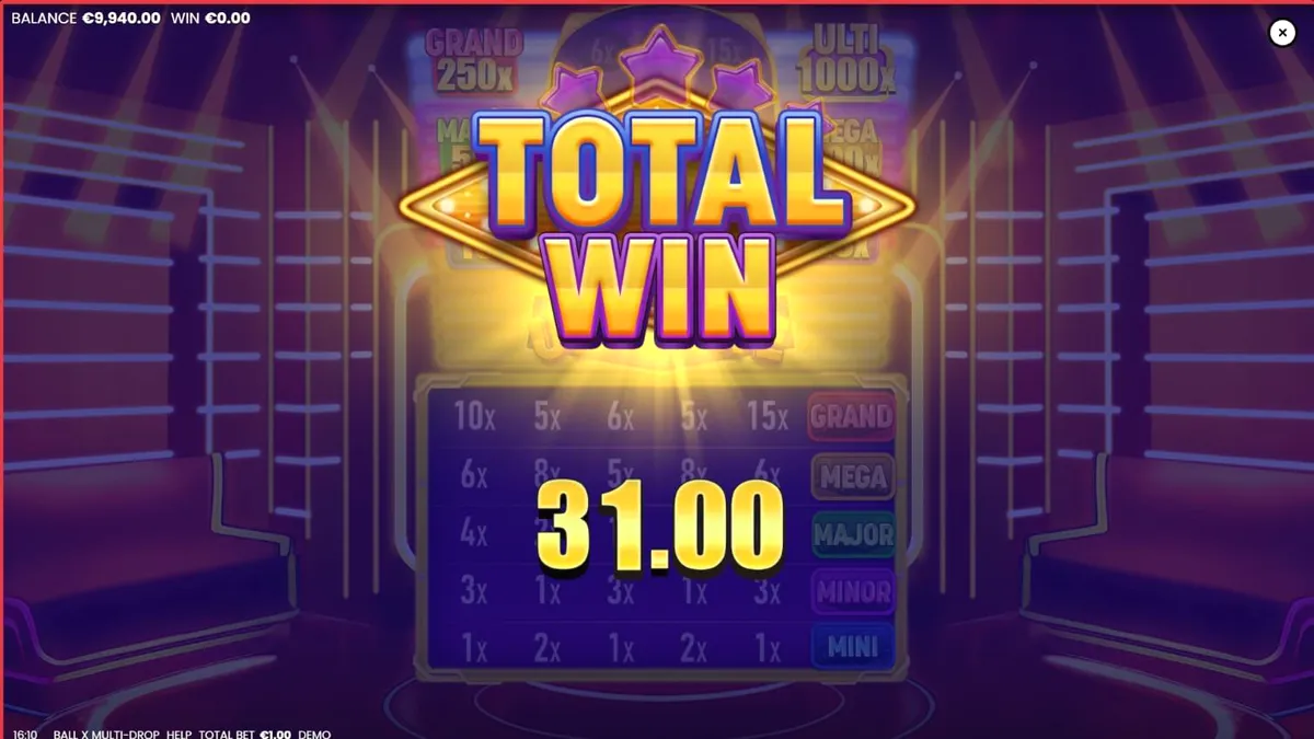 Tampilan visual slot Ball X Multi-Drop dengan tema buah dan lampu neon